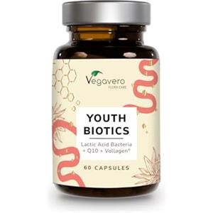 Vegavero Youth Biotics | Probiotici + Anti Age | Microbiota Intestinale Equilibrato & Salute della Pelle | Con Vitamina C, Vitamina E, Coenzima Q-10 e Aminoacidi | Vegan | No OGM | No Additivi | Vegavero