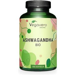 Vegavero ASHWAGANDHA BIO Pura Vegavero® | 670 mg per capsula | con il 2% di Withanolidi | SENZA ADDITIVI | Polvere di Withania Somnifera | Premium Organic Ashwaganda | 180 capsule | Vegan