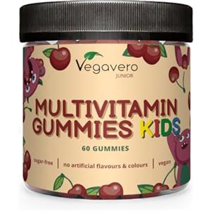 Vegavero Gummies Multivitaminiche per Bambini | 17 Nutrienti: Vitamine C, D, B, Zinco, Selenio, Iodio... | Per Sistema Immunitario + Stanchezza | Senza Zucchero | Gusto Ciliegia | Vegavero®