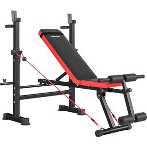 SPORTNOW Panca Palestra Multifunzione con Sedile, Supporto Bilanciere e Schienale Regolabili, Panca Pesi con Dip Station, Leg Extension, Addominali, 2 Bande, Carico 420kg, Allenamento Palestra Casa