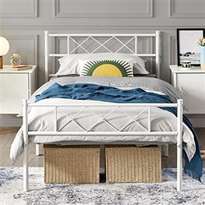 Yaheetech Struttura Letto Singolo in Metallo con Testiera a Forma di X Telaio con Rete a Doghe per Camera Dormitorio 90 x 190 cm Bianco
