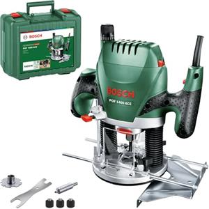Bosch Fresatrice verticale POF 1400 ACE, 3 pinze di serraggio, fresa, guida parallela, adattatore di aspirazione, valigetta, potenza 1400 Watt