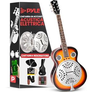 Pyle Chitarra Elettrica Acustica con Risonatore Resofonico, Risonatore Tradizionale in Mogano Sunburst a 6 Corde con Manico Rotondo con Preamplificatore Incorporato, Custodia, Tracolla, Accordatore