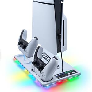 Wigearss Supporto Verticale Raffreddamento PS5/PS5 Slim/PS5 Pro con Doppio Caricatore Controller, Base di Ricarica Joystick PS5 con Ventola Raffreddamento, Illuminazione RGB per PS5/PS5 Slim/PS5 Pro