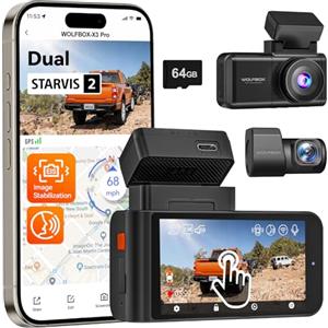 WOLFBOX X3 PRO Dashcam Auto, Dual STARVIS 2 IMX 675, 1440P 60FPS+1440P ADAS Dashcam Auto anteriore posteriore, stabilizzazione dell'immagine con WiFi da 5,8 GHz, controllo vocale e touch screen