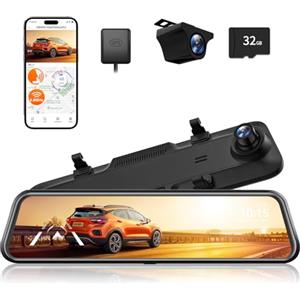 WOLFBOX 2.5K G840H 12'' Dash Cam Specchietto con ADAS e BSD, 5.8GHz WiFi Specchietto Retrovisore con Telecamera, Controllo Vocale, Monitor di Parcheggio, Scheda da 32GB e GPS, Registrazione in Loop