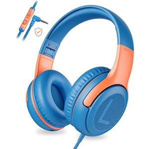 awatrue Cuffie per Bambini con Cavo, Cuffie per Bambini con Microfono, Cuffie On-ear, Limitazione del Volume 85/94 dB, jack da 3,5 mm, Design pieghevole, Sicure e Comode (BluArancia)