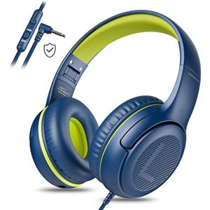 awatrue Cuffie per Bambini con Cavo, Cuffie per Bambini con Microfono, Cuffie On-ear, Limitazione del Volume 85/94 dB, jack da 3,5 mm, Design pieghevole, Sicure e Comode (BluVerde)