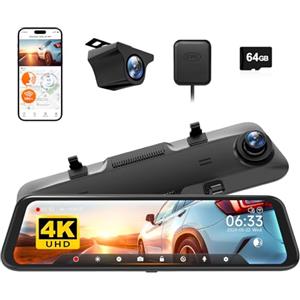 WOLFBOX 12" 4K Telecamera per Specchietto Retrovisore Auto con 5.8GHz WiFi e Controllo Vocale, Doppia Specchio Dash Cam con 1080P WDR Backup Camera, Monitor di Parcheggio, Scheda 64GB & GPS (G850)