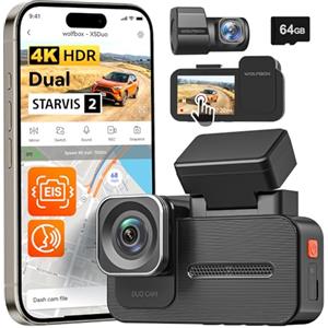 WOLFBOX X5 Duo 4K + 2.5K Dashcam Auto con anti shake, STARVIS 2 HDR Dashcam anteriore posteriore con 5.8 GHz WiFi GPS, scheda da 64 GB, controllo vocale e touch screen, IMX678+IMX675 Dash cam