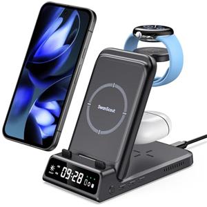 SwanScout Caricatore Wireless per Google Pixel Watch 3/2/Fitbit Versa 4/3/Sense 2/1, Stazione di Ricarica per Google 10/10a/9a/9/8/7/6/5/4/Samsung S26 Ultra/S26+/iPhone 17, Pixel Buds Pro 2, SwanScout 703G2