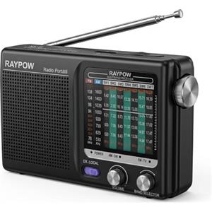 Raypow Radio Portatile, Radio a 9 Bande FM/AM/SW1~SW7, Radio a Transistor, Borsa Portatile, Funziona con 2 Batterie AA, Piccolo Radio FM, Altoparlante Potente, per Interni ed Esterni, Nero