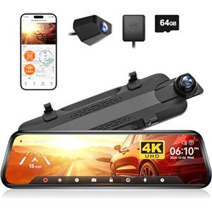 WOLFBOX G930 10" 4K Telecamera per Specchio Retrovisore Auto con 5.8GHz WiFi, Doppia Specchietto Dash Cam e 1080P WDR Retro Camera, GPS Dashcam con Monitor di Parcheggio, Scheda 64GB