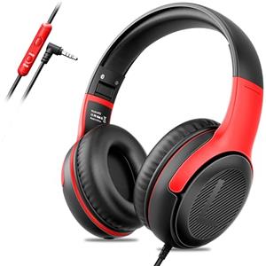 awatrue Cuffie per bambini con cavo per scuola e viaggi, PC e tablet, 85/94 dB, audio stereo, pieghevoli per condividere l'audio, colore nero e rosso