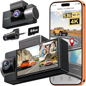 WOLFBOX i17 Telecamera per Auto Dash Cam 4K 3 Canali WiFi 5.8GHz con GPS Integrato e Scheda da 64GB, 2160P+1080P+1080P Anteriore/Posteriore/Interno, Visione Notturna IR, WDR, Modalità Parcheggio 24H