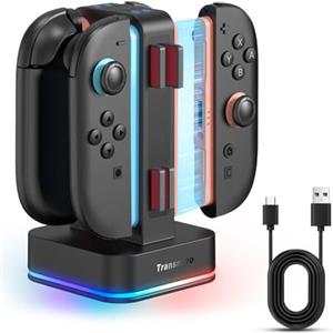 TRANSNOVO Caricatore Compatibile con Nintendo Switch 2, Stazione di Ricarica 4 in 1 con 8 Alloggiamenti, Indicatore LED, 9 Modalità di Luce RGB Gaming, Ricarica Simultanea per 1-4 Joycons
