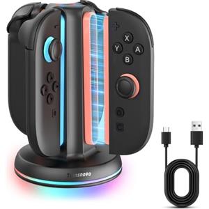 TRANSNOVO Caricatore 4 in 1 Compatibile con Nintendo Switch 2, Stazione di Ricarica a 4 Porte con Indicatori LED, 9 Modalità di Luce RGB Gaming, Ricarica Simultanea per 1-4 Joycons