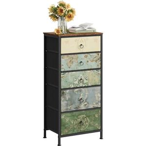 WOLTU Cassettiera, 5 Cassetti per Camera da Letto/Corridoio/Soggiorno, Marrone Rustico e Nero con Motivo Fiore Retrò, Struttura in Metallo, 45.5x30x95.5cm, SSK004pw