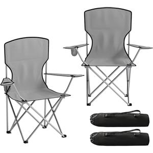 Outsunny Set di 2 Sedie da Campeggio con Schienale Alto, Portabicchieri e Borse di Trasporto, Sedie Pieghevoli Portatili in Metallo e Tessuto Oxford, per Esterni Picnic Spiaggia Giardino, Grigio