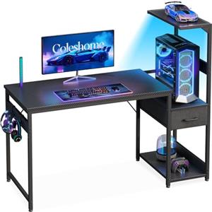 Coleshome Scrivania Gaming con Illuminazione LED, 120×48cm Tavolo Gaming con Cassetti e Libreria, Scrivania Computer Reversibile con Gancio per Cuffie, Nero Fibra di Carbonio