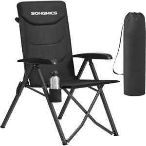 SONGMICS Sedia da campeggio pieghevole per adulti, schienale regolabile a 95°-150°, supporto girevole per bevande, borsa per il trasporto, per giardino, campeggio, pesca, colore nero GCB015BZ01