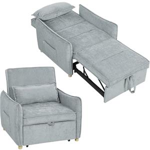 HOMCOM Poltrona Letto Singolo 3 in 1 Pieghevole, Schienale Regolabile 3 Posizioni, Seduta Ampia, Cuscino Sfoderabile, Divano Letto Trasformabile in Ciniglia con Ruote, Tasche, 88x84x87cm, Grigio