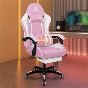 ALFORDSON Sedia Gaming Massaggiante, Sedia Gamer con Poggiapiedi Telescopico, Poltrona Ergonomica da Ufficio con Cuscino Lombare & Poggiatesta Regolabili, Regolabile 90-150°, Tessuto(Bianca e rosa)