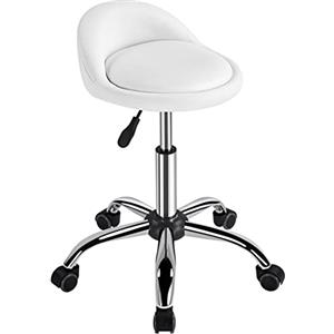 Yaheetech Sgabello Estetista con Ruote Regolabile in Altezza Sedia per Toeletta Trucco Girevole con Schienale Parrucchiere Salone in Ecopelle Bianco