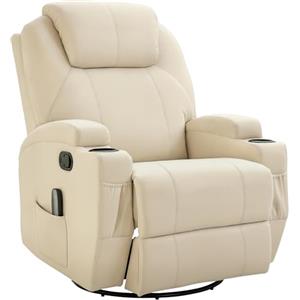 HOMCOM Poltrona Massaggiante Reclinabile Manuale, Poltrona Relax Elettrica Girevole con 2 Portabicchieri, Telecomando, Poggiapiedi e 4 Tasche Laterali, in Pelle PU, Legno e Acciaio, Crema