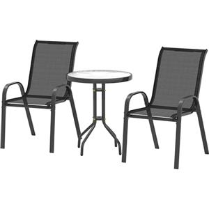 Outsunny Set da Bistro 3 Pezzi con 2 Sedie da Giardino Traspiranti Impilabili e Tavolino Rotondo, Set Tavolo e Sedie da Giardino in Acciaio e Vetro, Set da Giardino per Patio, Cortile, Nero