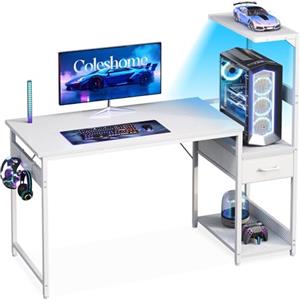 Coleshome Scrivania Gaming con Illuminazione LED, 120×48cm Tavolo Gaming con Cassetti e Libreria, Scrivania Computer Reversibile con Gancio per Cuffie, Fibra di Carbonio Bianco