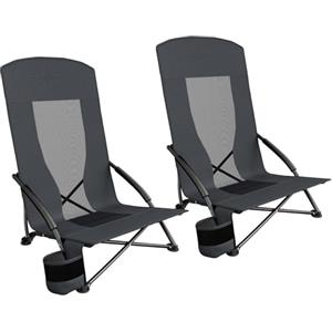 LIFERUN Sedia da spiaggia pieghevole, set da 2 pezzi, schienale alto, sedia da campeggio, sedia da spiaggia bassa con borsa per il trasporto, supporto per bevande, tessuto a rete traspirante, per