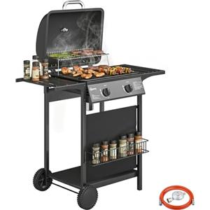 Outsunny Barbecue a Gas con 2 Bruciatori da 5KW, BBQ a Gas Propano Portatile con Griglia, Ripiani Laterali e Inferiore, Vaschetta per Grasso, Cesto, Termometro, Manico Acciaio Inox, Ruote per Giardino