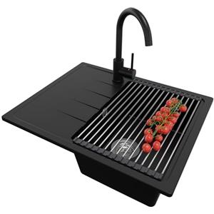 PRIMAGRAN Lavandino da Cucina Nero 62x50cm, Lavello in Granito a 1 vasca + Rubinetto 32x20cm + Set di accessori, Lavabo Incasso al mobile 40cm - Milano S073