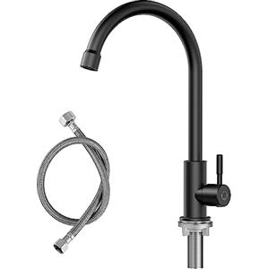 CECIPA Rubinetto per acqua fredda nero, rubinetto solo per acqua fredda con dadi in acciaio inox 304, rubinetto acqua fredda nero con tubo di collegamento da 60 cm X1 - ideale per cucina, rubinetto