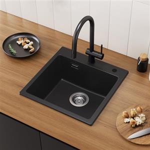 CECIPA Lavello da cucina in granito 45x45cm, moderno set di lavello da incasso con 2 fori per rubinetto, nero, quadrato, lavandino per la cucina