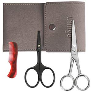 LIVINGO Forbici da Barba e Baffi da 4,5 cm, Professionale, Punta Arrotondata, in acciaio inox per la sicurezza, piccola bellezza del viso, naso, kit con mini pettine e custodia in pelle