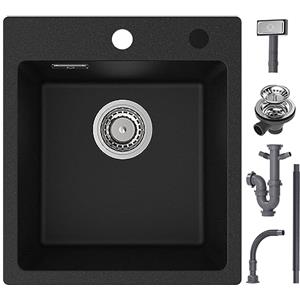 CECIPA Lavello da cucina in granito nero, 40 x 45 cm, rettangolare, moderno lavello da incasso, in granito, da cucina, piccolo, singolo con 2 fori per rubinetto, 1 vasca