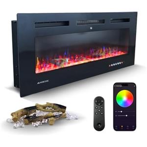 Mobiclinic®, Camino elettrico da parete, 900/1800w, Telecomando e funzione wifi app, Protezione contro il surriscaldamento, 15 colori variabili, Timer, Fury, Per ambienti a partire 25 m2