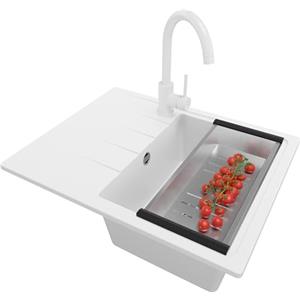 PRIMAGRAN Lavandino da Cucina Bianco 62x50cm, Lavello in Granito a 1 vasca + Rubinetto 32x20cm + Sifone Classico, Lavabo Incasso al mobile 40cm - Milano S089