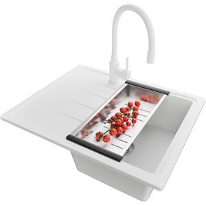 PRIMAGRAN Lavandino da Cucina Bianco 62x50cm, Lavello in Granito a 1 vasca + Rubinetto 38x14cm + Set di accessori, Lavabo da Cucina Incasso al Mobile 40cm - Milano S057