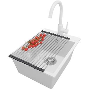 PRIMAGRAN Lavandino da Cucina Bianco 38x50cm, Lavello in Granito a 1 vasca + Rubinetto 32x20cm + Set di accessori, Lavabo Incasso al mobile 40cm - Riga S044