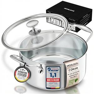 Morleos Pentola Ø 24 cm - 4,7 l - 2,5 kg - altezza 12 cm - pentola in acciaio inox a induzione - moderno coperchio piatto in vetro - 5 strati - piccola pentola a risparmio energetico