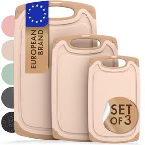 Blumtal tagliere da cucina plastica grande/medio/piccolo con 3 misure - set taglieri cucina + scanalature per il succo e manico - tagliere plastica da cucina senza BPA - tagliere cucina - in beige