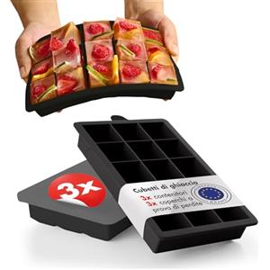 Blumtal Set di 3 stampi per cubetti di ghiaccio - 15 stampi per cubetti di ghiaccio con coperchio - Stampo per cubetti di ghiaccio in silicone senza BPA - Vassoio per ghiaccio - Nero