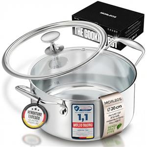 Morleos Pentola Ø 20 cm 3 l - 1,8 kg - altezza 10 cm - pentola in acciaio inox a induzione - moderno coperchio piatto in vetro - 5 strati - piccola pentola a risparmio energetico
