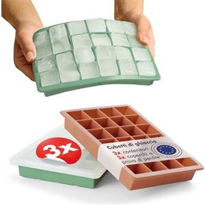 Blumtal stampi per cubetti di ghiaccio in silicone set di 3-24 stampi per cubetti di ghiaccio con coperchio - Stampo per cubetti di ghiaccio in silicone senza BPA - 2x verde oliva + rosso minerale