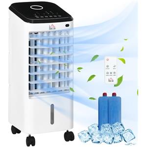 HOMCOM Raffrescatore Evaporativo 3 in 1, Ventilatore, Umidificatore con Ghiaccio e Deumidificatore, 3 Velocità, 3 Modalità e Telecomando, Timer 12 Ore, 65W in ABS, 24.5x27x60 cm, Bianco