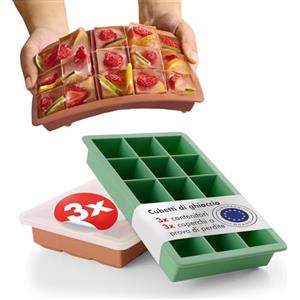 Blumtal Set di 3 stampi per cubetti di ghiaccio in silicone - Stampo per 15 cubetti di ghiaccio con coperchio - Stampo per cubetti di ghiaccio in silicone senza BPA - 2x verde oliva + rosso minerale