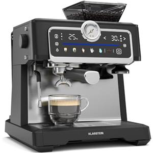 Klarstein GrandPresso Touch - Macchina per Caffè Espresso, 20 Bar, Macinino Integrato, Display Touch, Thermoblock, Serbatoio da 2,3L, Beccuccio del Vapore, Acciaio Inox, Nero